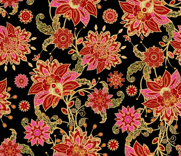 Seamless modeli. Altın dokulu bukleler. Parlak dantel, stilize çiçekler. Narin, altın arka plan, Paisley dokuma Ajur.