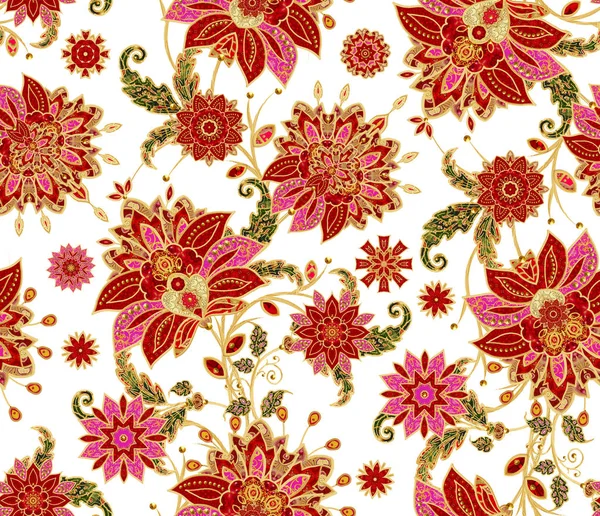 Seamless modeli. Altın dokulu bukleler. Parlak dantel, stilize çiçekler. Narin, altın arka plan, Paisley dokuma Ajur.