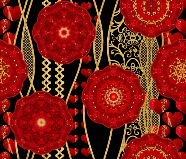 Бесшовный Шаблон Красные Круги Украшенные Золотом Кружева Блестящие Элементы Декора — стоковое фото