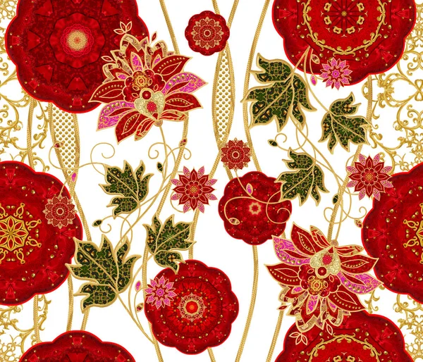 Seamless modeli. Kırmızı daireler, dokuma dantel, altın ile dekore edilmiş eğri çizgiler. Yüksek kaynaklanıyor, desenli dekor unsurları stilize altın parlak çiçekler. 