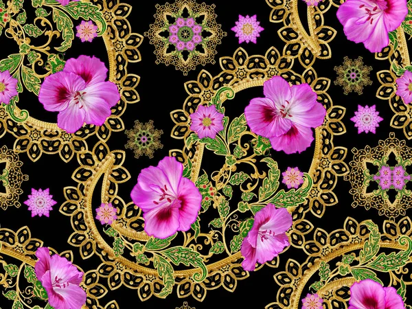 无缝模式 纹理的金色卷发 辉煌的花边 程式化的花 镂空编织细腻 金色的背景下 佩斯利 — 图库照片