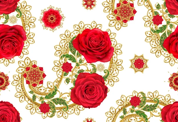Seamless Modeli Altın Dokulu Bukleler Parlak Dantel Stilize Çiçekler Narin — Stok fotoğraf