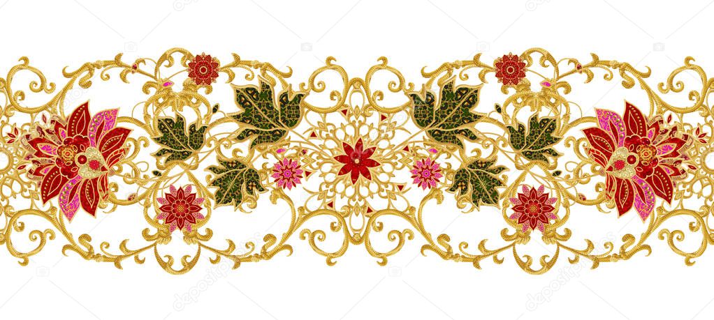 Seamless pattern. Golden textured curls. Brilliant lace, stylized flowers. Openwork weaving delicate, golden background, Paisley.