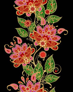 Seamless modeli. Altın dokulu bukleler. Parlak dantel, stilize çiçekler. Narin, altın arka plan, Paisley dokuma Ajur.