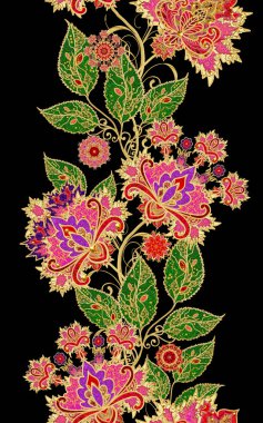 Seamless modeli. Altın dokulu bukleler. Parlak dantel, stilize çiçekler. Narin, altın arka plan, Paisley dokuma Ajur.