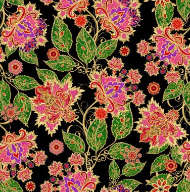 Seamless modeli. Altın dokulu bukleler. Parlak dantel, stilize çiçekler. Narin, altın arka plan, Paisley dokuma Ajur.