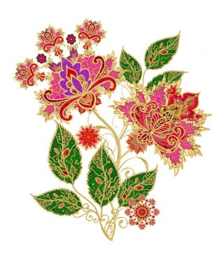 Stilize altın parlak çiçek desenli dekor unsurları, yüksek kaynaklanıyor. Beyaz arka plan üzerinde izole.