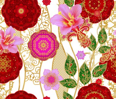 Seamless modeli. Kırmızı daireler, dokuma dantel, altın ile dekore edilmiş eğri çizgiler. Yüksek kaynaklanıyor, parlak gül, desenli dekor unsurları stilize altın parlak çiçekler.