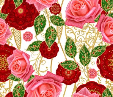 Seamless modeli. Kırmızı daireler, dokuma dantel, altın ile dekore edilmiş eğri çizgiler. Yüksek kaynaklanıyor, parlak kırmızı gül, desenli dekor unsurları stilize altın parlak çiçekler.