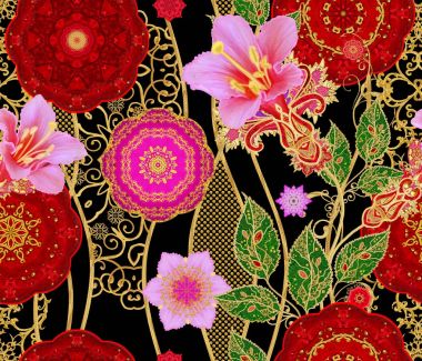 Seamless modeli. Kırmızı daireler, dokuma dantel, altın ile dekore edilmiş eğri çizgiler. Yüksek kaynaklanıyor, parlak gül, desenli dekor unsurları stilize altın parlak çiçekler.