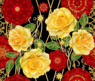 Seamless modeli. Kırmızı daireler, dokuma dantel, altın ile dekore edilmiş eğri çizgiler. Stilize altın parlak çiçek desenli dekor yüksek kaynaklanıyor, Sarı Gül, unsurları üzerinde.