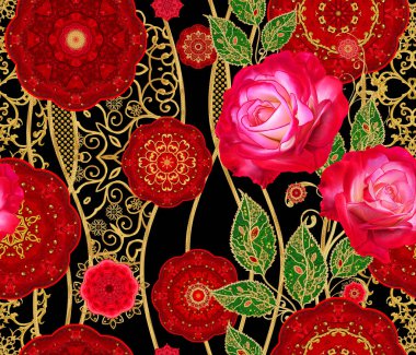 Seamless modeli. Kırmızı daireler, dokuma dantel, altın ile dekore edilmiş eğri çizgiler. Yüksek kaynaklanıyor, parlak kırmızı gül, desenli dekor unsurları stilize altın parlak çiçekler.