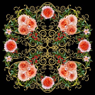 Dekor unsuru. Arabesk, hassas dantel, parlak kırmızı çiçek çelenk, bir gül yaprağı şeklinde altın parlak Ajur. Kare şekli, mendil.