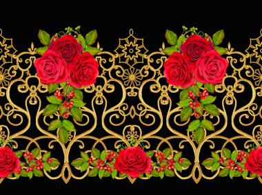 Desen, kesintisiz, çiçek sınır. Çiçek çelenk. Güzel parlak kırmızı gül, tomurcukları, yeşil yapraklar, kaba kumaş, tuval. Altın bukleler, parlak oyma dokuma. Vintage eski arka plan.