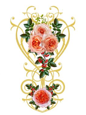 Dekor unsuru. Arabesk, hassas dantel, parlak turuncu çiçek çelenk, bir gül yaprağı şeklinde altın parlak Ajur. Beyaz arka plan üzerinde izole.