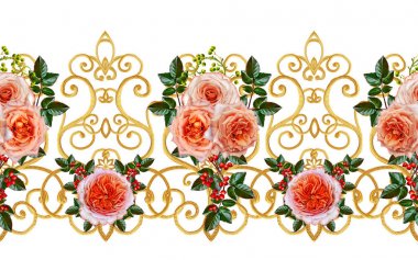 Desen, kesintisiz, çiçek sınır. Çiçek çelenk. Güzel parlak turuncu gül, tomurcukları, yeşil yaprakları, kaba kumaş, bez. Altın bukleler, parlak oyma dokuma. Vintage eski arka plan.