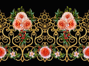 Desen, kesintisiz, çiçek sınır. Çiçek çelenk. Güzel parlak turuncu gül, tomurcukları, yeşil yaprakları, kaba kumaş, bez. Altın bukleler, parlak oyma dokuma. Vintage eski arka plan.