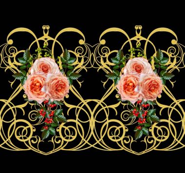 Desen, kesintisiz, çiçek sınır. Çiçek çelenk. Güzel parlak turuncu gül, tomurcukları, yeşil yaprakları, kaba kumaş, bez. Altın bukleler, parlak oyma dokuma. Vintage eski arka plan.