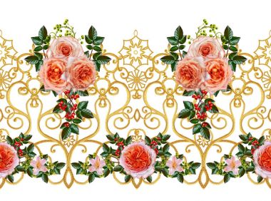 Desen, kesintisiz, çiçek sınır. Çiçek çelenk. Güzel parlak turuncu gül, tomurcukları, yeşil yaprakları, kaba kumaş, bez. Altın bukleler, parlak oyma dokuma. Vintage eski arka plan.