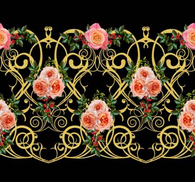 Desen, kesintisiz, çiçek sınır. Çiçek çelenk. Güzel parlak turuncu gül, tomurcukları, yeşil yaprakları, kaba kumaş, bez. Altın bukleler, parlak oyma dokuma. Vintage eski arka plan.