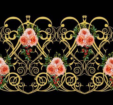 Desen, kesintisiz, çiçek sınır. Çiçek çelenk. Güzel parlak turuncu gül, tomurcukları, yeşil yaprakları, kaba kumaş, bez. Altın bukleler, parlak oyma dokuma. Vintage eski arka plan.