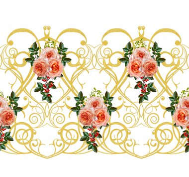 Desen, kesintisiz, çiçek sınır. Çiçek çelenk. Güzel parlak turuncu gül, tomurcukları, yeşil yaprakları, kaba kumaş, bez. Altın bukleler, parlak oyma dokuma. Vintage eski arka plan.