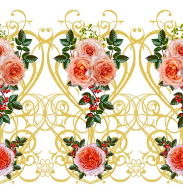 Desen, kesintisiz, çiçek sınır. Çiçek çelenk. Güzel parlak turuncu gül, tomurcukları, yeşil yaprakları, kaba kumaş, bez. Altın bukleler, parlak oyma dokuma. Vintage eski arka plan.