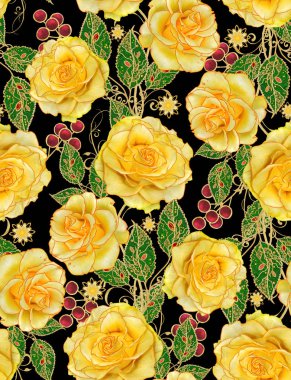 Seamless modeli. Altın dokulu bukleler. Parlak dantel, stilize çiçekler, Sarı gül. Narin, altın arka plan, Paisley dokuma Ajur.