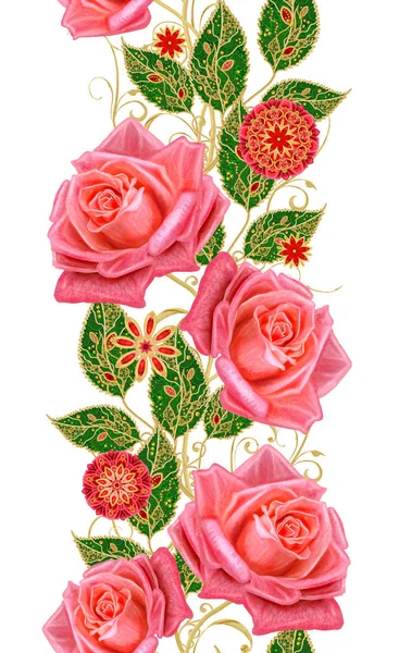 Dikişsiz desen dikey kenarlık. Altın dokulu bukleler. Parlak dantel, stilize çiçekler, turuncu gül. Narin, altın arka plan, Paisley dokuma Ajur.