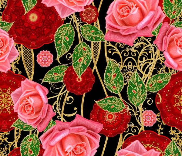 无缝模式 红圈饰以金色编织 曲线线 在高茎 鲜艳的红玫瑰 佩斯利装饰元素的风格化金色闪亮的花朵 — 图库照片