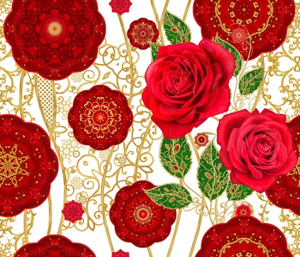 Seamless modeli. Kırmızı daireler, dokuma dantel, altın ile dekore edilmiş eğri çizgiler. Yüksek kaynaklanıyor, parlak kırmızı gül, desenli dekor unsurları stilize altın parlak çiçekler.