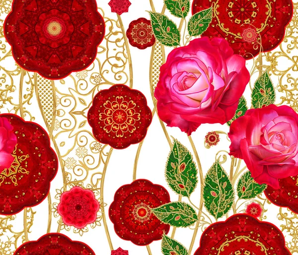 Seamless pattern. Red circles decorated with gold weaving, lace, curved lines. Stylized golden shiny flowers on high stems, bright red rose, elements of paisley decor.