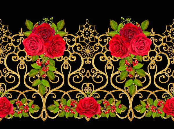 パターンでは シームレスな花の境界線 花のガーランド 美しい明るい赤いバラ 緑の葉 粗い布 キャンバス 黄金カール 光沢のある幾何学模様織り ヴィンテージの古い背景 — ストック写真