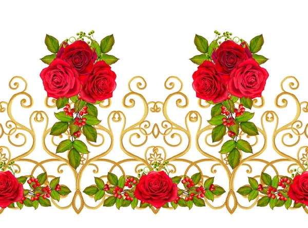 Padrão Sem Costura Border Garland Floral Flores Rosa Vermelha Brilhante — Fotografia de Stock