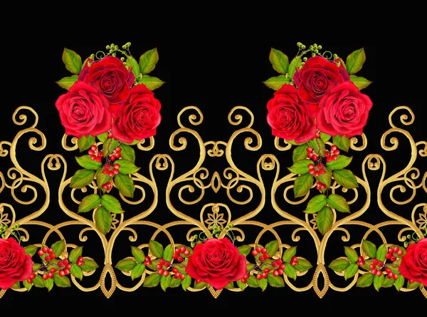 Pattern Seamless Floral Border Garland Flowers Beautiful Bright Red Rose — Stock Photo, Image
