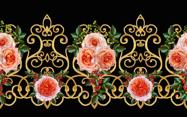 Паттерн Безмордый Цветочный Бордюр Ярко Оранжевая Роза Бутоны Зеленые Листья — стоковое фото