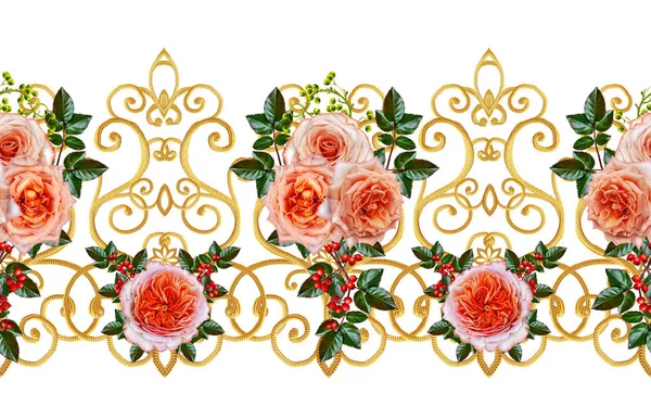 Desen, kesintisiz, çiçek sınır. Çiçek çelenk. Güzel parlak turuncu gül, tomurcukları, yeşil yaprakları, kaba kumaş, bez. Altın bukleler, parlak oyma dokuma. Vintage eski arka plan.