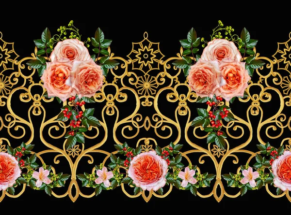 Pattern Seamless Floral Border Garland Flowers Beautiful Bright Orange Rose — Stock Photo, Image