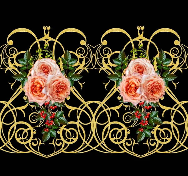 Desen, kesintisiz, çiçek sınır. Çiçek çelenk. Güzel parlak turuncu gül, tomurcukları, yeşil yaprakları, kaba kumaş, bez. Altın bukleler, parlak oyma dokuma. Vintage eski arka plan.