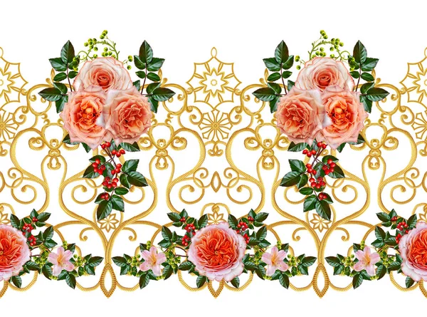 Patroon Naadloze Floral Grens Garland Van Bloemen Mooi Helder Oranje — Stockfoto