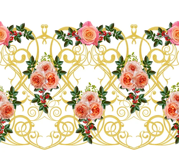 Padrão Sem Costura Border Garland Floral Flores Bela Rosa Laranja — Fotografia de Stock