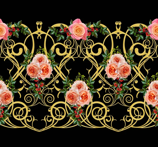 Desen, kesintisiz, çiçek sınır. Çiçek çelenk. Güzel parlak turuncu gül, tomurcukları, yeşil yaprakları, kaba kumaş, bez. Altın bukleler, parlak oyma dokuma. Vintage eski arka plan.