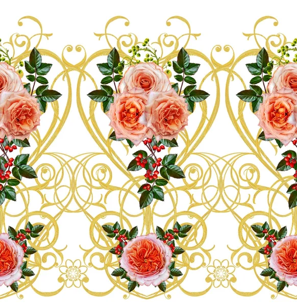 Desen, kesintisiz, çiçek sınır. Çiçek çelenk. Güzel parlak turuncu gül, tomurcukları, yeşil yaprakları, kaba kumaş, bez. Altın bukleler, parlak oyma dokuma. Vintage eski arka plan.