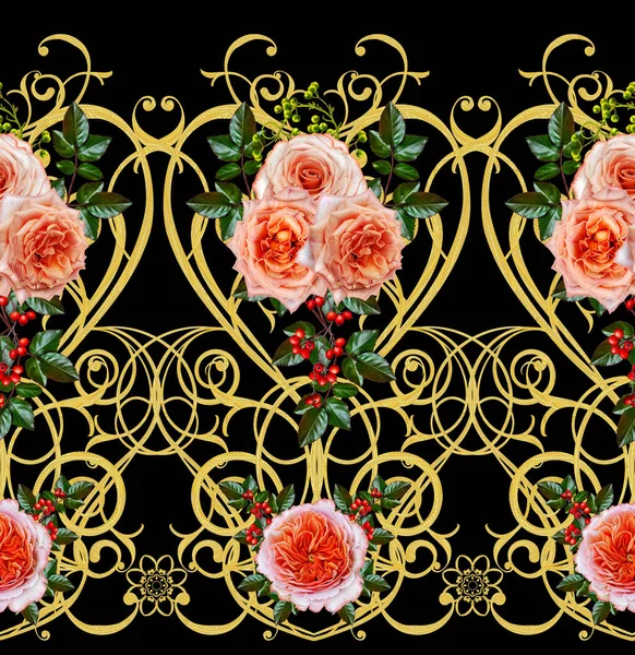 Desen, kesintisiz, çiçek sınır. Çiçek çelenk. Güzel parlak turuncu gül, tomurcukları, yeşil yaprakları, kaba kumaş, bez. Altın bukleler, parlak oyma dokuma. Vintage eski arka plan.