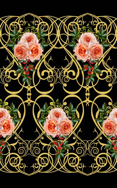 Pattern Seamless Floral Border Garland Flowers Beautiful Bright Orange Rose — Stock Photo, Image