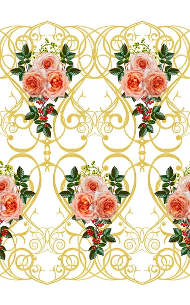 Візерунок Безшовна Квіткова Рамка Красива Яскраво Помаранчева Троянда Бутони Зелене — стокове фото