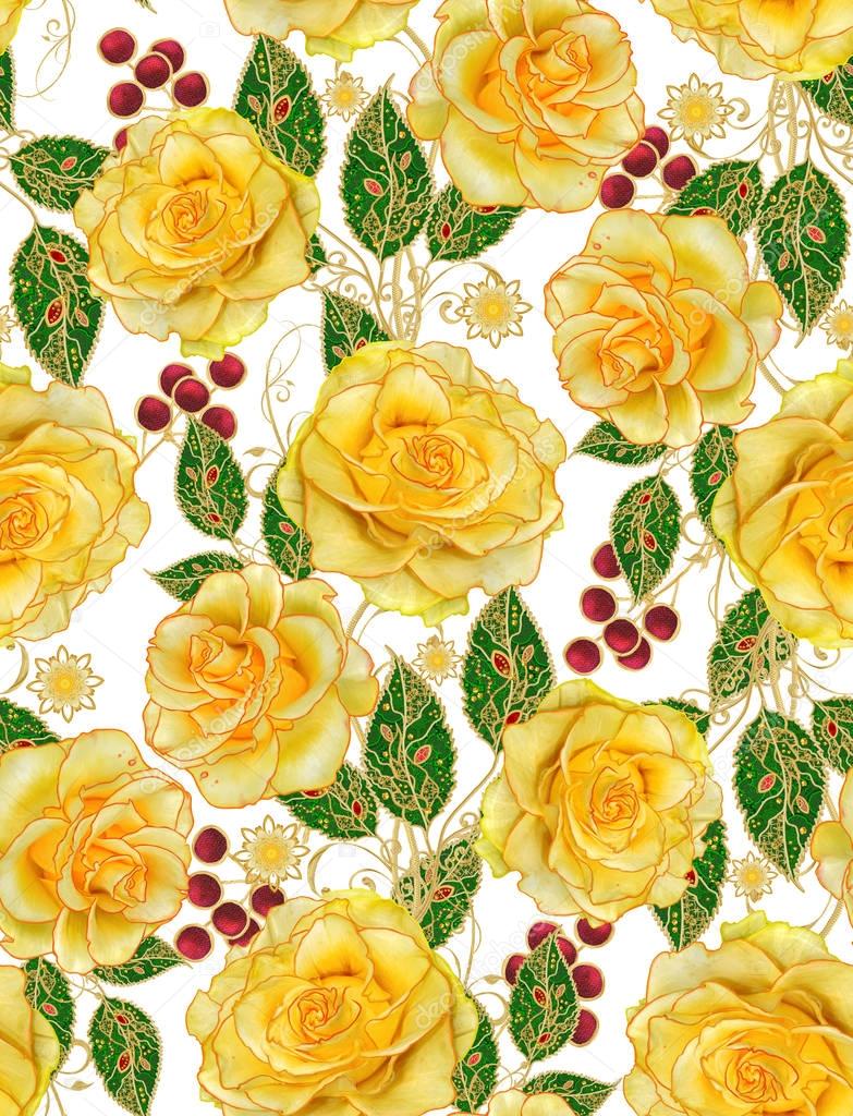 Seamless pattern. Golden textured curls. Brilliant lace, stylized flowers, yellow rose. Openwork weaving delicate, golden background, Paisley.