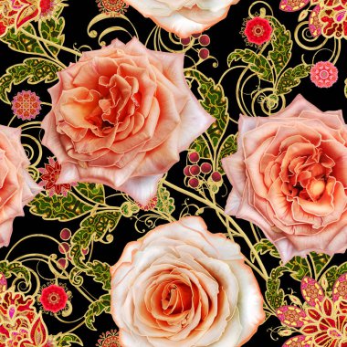 Seamless modeli. Altın dokulu bukleler. Parlak dantel, stilize çiçekler, turuncu yumuşak pastel rose. Narin, altın arka plan, Paisley dokuma Ajur.