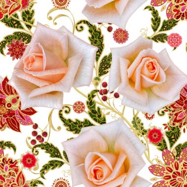 Seamless modeli. Altın dokulu bukleler. Parlak dantel, stilize çiçekler, turuncu yumuşak pastel rose. Narin, altın arka plan, Paisley dokuma Ajur.