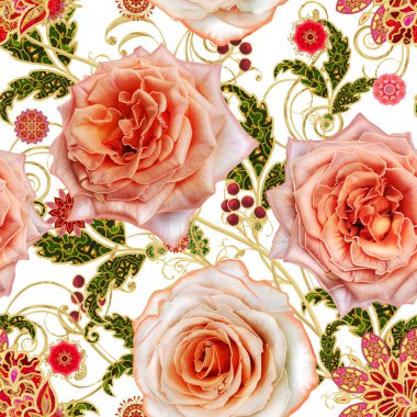 Seamless modeli. Altın dokulu bukleler. Parlak dantel, stilize çiçekler, turuncu yumuşak pastel rose. Narin, altın arka plan, Paisley dokuma Ajur.